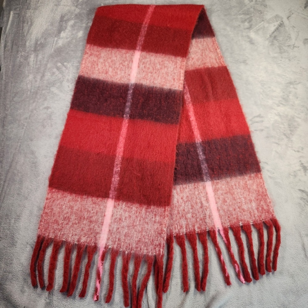 New Mango MNG Red Pink Plaid Check Fuzzy Winter Blanket Scarf Fringe Cozy Soft